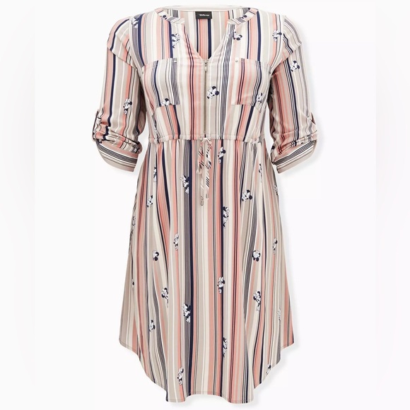 Disney Minnie Mouse Stripe Challis Zip Front Drawstring Shirt Dress from Torrid. - Picture 1 of 7